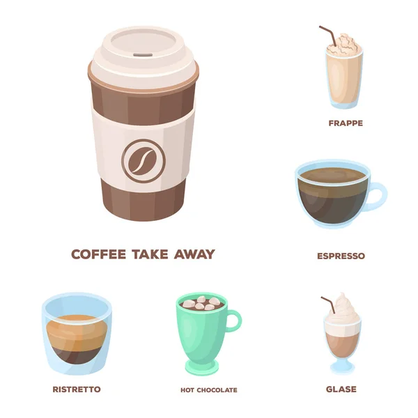 Diferentes tipos de iconos de dibujos animados de café en la colección de conjuntos para el diseño. Bebida de café vector símbolo stock web ilustración . — Vector de stock