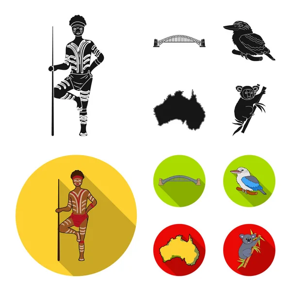 Aborygen z włócznią, Sydney Harbour Bridge, kookabarra na oddział, na terytorium kraju. Australia zestaw kolekcji ikon w czarne, płaskie styl wektor symbol ilustracji w sieci web. — Wektor stockowy