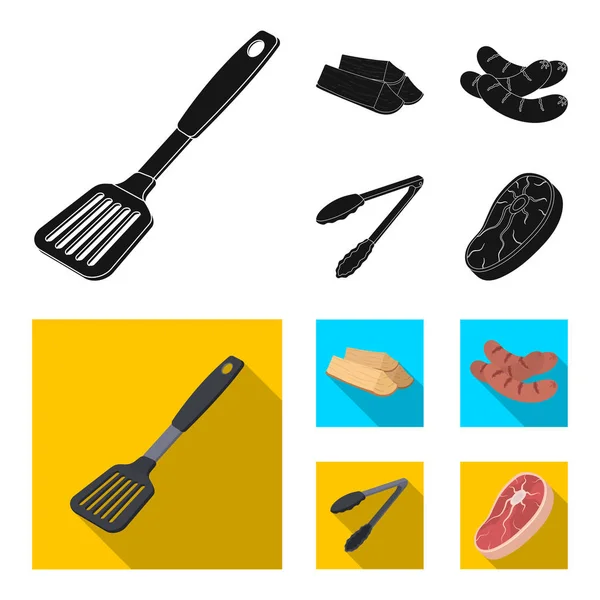 Cocina de la hoja, leña, salchichas y otros para barbacoa.Iconos de colección conjunto de barbacoa en negro, estilo plano símbolo vectorial stock illustration web . — Vector de stock