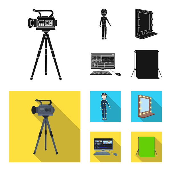 Кинокамера, костюм для спецэффектов и другое оборудование. Создание иконки коллекции фильмов в черном, плоском стиле векторные символы фондовые иллюстрации веб
.