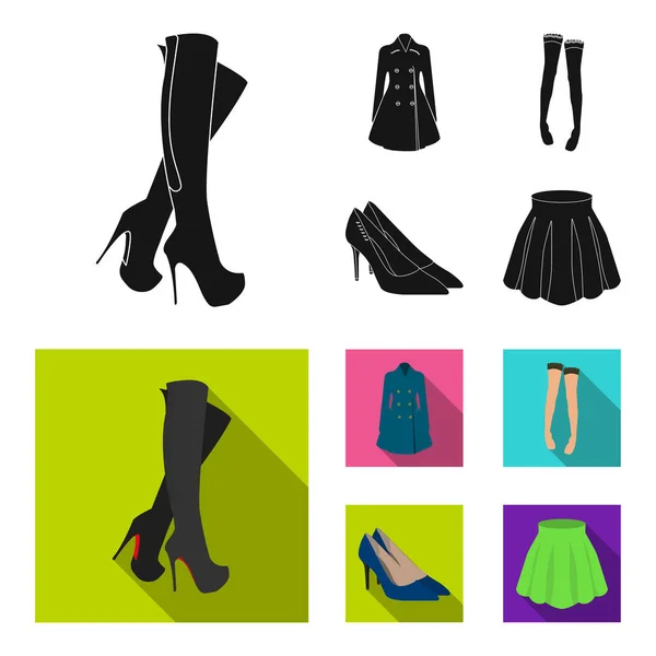 Жінки високі чоботи, пальто на ґудзиках, панчохи з гумкою з візерунком, туфлі на високих підборах. Жіночий одяг набір колекційних значків у чорному, плоскому стилі Векторний символ стокової ілюстрації веб . — стоковий вектор