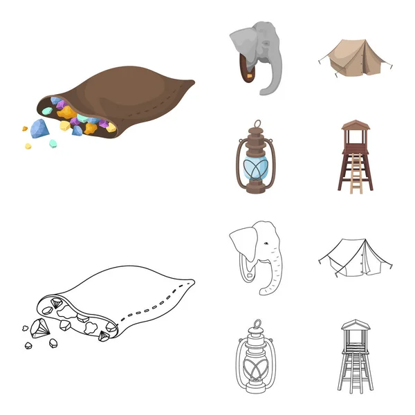 A bag of diamonds, an elephant head, a kerosene lamp, a tent. African safari set collection icons in cartoon,outline style vector symbol stock illustration web. — Stock Vector