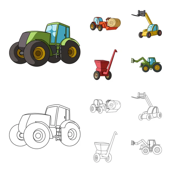 Traktor, Heuwuchtmaschine und andere landwirtschaftliche Geräte. Landmaschinen Set Sammlung Symbole in Cartoon, umreißen Stil Vektor Symbol Stock Illustration Web. — Stockvektor