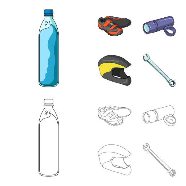 Una botella de agua, zapatillas de deporte, una linterna para una bicicleta, un casco protector. traje de ciclista conjunto de iconos de la colección en dibujos animados, contorno estilo vector símbolo stock ilustración web . — Vector de stock