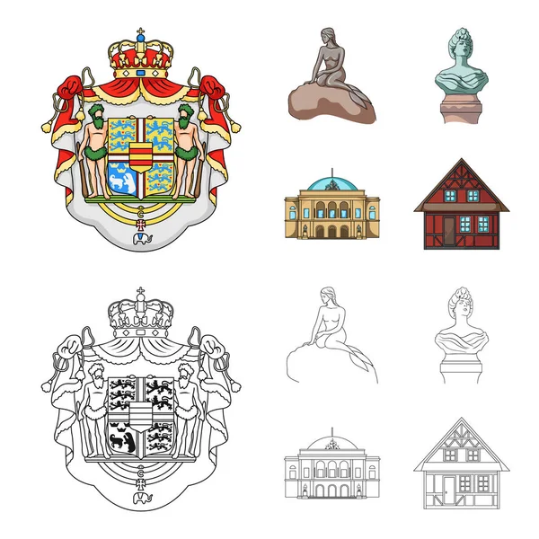 Nazionale, simbolo, disegno, e altre icone web in cartone animato, stile contorno. Danimarca, attributi, stile, icone nella collezione set . — Vettoriale Stock