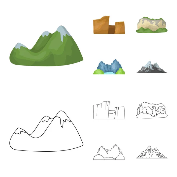 Montañas verdes con cimas de nieve, un cañón, rocas con bosques, una laguna y rocas. Diferentes montañas set colección iconos en dibujos animados, contorno estilo vector símbolo stock ilustración web . — Vector de stock