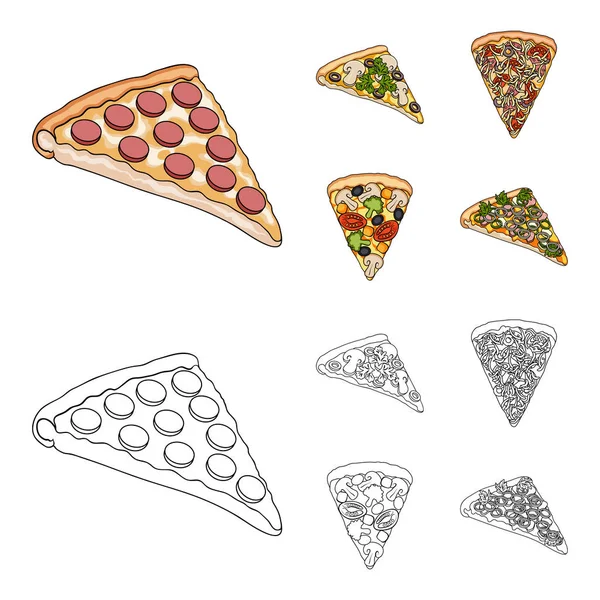 Una fetta di pizza con ingredienti diversi. Diverse icone di raccolta pizza set in cartone animato, contorno stile vettore simbolo stock illustrazione web . — Vettoriale Stock