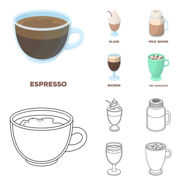 Esprecco, glase, milk shake, bicerin.Different types of coffee set collection icons in cartoon, outline style vector symbol illustration web . — стоковый вектор