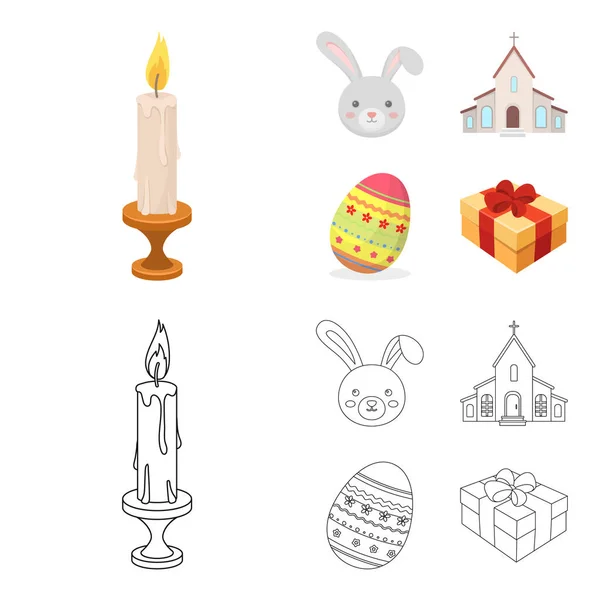 Eglise, bougie, lapin de Pâques et oeuf peint.Ensemble de Pâques icônes de la collection dans la bande dessinée, contour style vectoriel symbole illustration web . — Image vectorielle