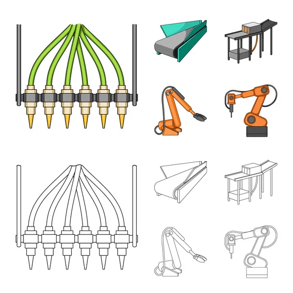Attrezzature moderne e altre icone web in cartone animato, stile contorno. Macchine utensili e attrezzature icone di fabbrica nella collezione set . — Vettoriale Stock