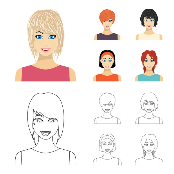 Tipos de dibujos animados peinados femeninos, iconos de contorno en la colección de conjuntos para el diseño. Apariencia de una mujer vector símbolo stock web ilustración . — Vector de stock