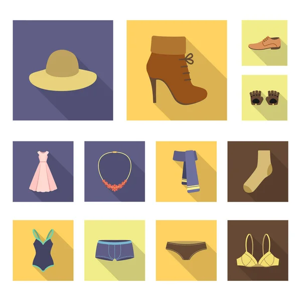 Ρούχα και αξεσουάρ επίπεδη εικονίδια στη συλλογή σετ για σχεδιασμό. Παπούτσια και διακόσμηση σύμβολο μετοχής web εικονογράφηση διάνυσμα. — Διανυσματικό Αρχείο