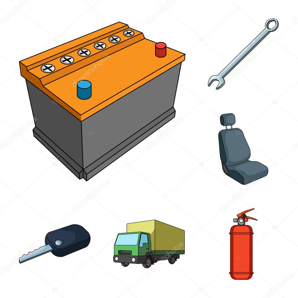 Car, vehicle cartoon icons in set collection for design. Car and equipment vector symbol stock web illustration.