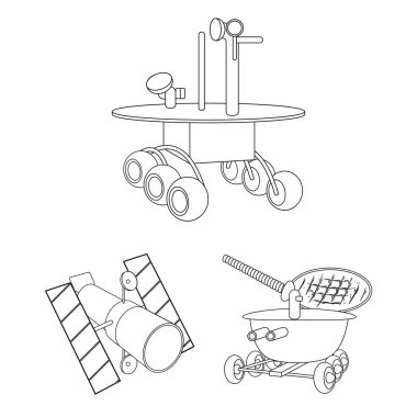 Uzay teknolojisi anahat simgeleri set koleksiyonu tasarım için. Sembol stok web illüstrasyon vektör uzay aracı ve ekipman.