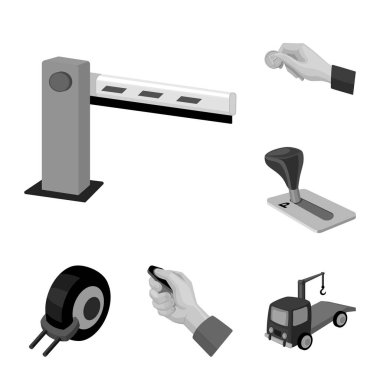 Set koleksiyonu tasarım için arabalar tek renkli simgeler için otopark. Ekipman ve hizmet vektör simgesi web illüstrasyon stok.