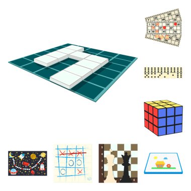 Masa oyunu çizgi film set koleksiyonu tasarım için simgeler. Oyun ve eğlence sembol stok web illüstrasyon vektör.