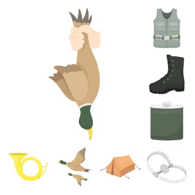 Avcılık ve kupa set koleksiyonu tasarım için simgeleri karikatür. Avcılık ve ekipman sembol stok web illüstrasyon vektör.