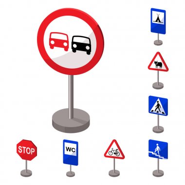 Yol işaretleri farklı set koleksiyonu tasarım için simgeleri karikatür. Uyarı ve yasağı işaretler sembol stok web illüstrasyon vektör.