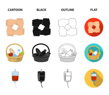 Destek elinde, bir sepet gıda bağış, donör kan, bir hediye bağış kutusu ile jesti. Yardım ve bağış toplama Icons set çizgi film, siyah, anahat, düz stil vektör simge stok