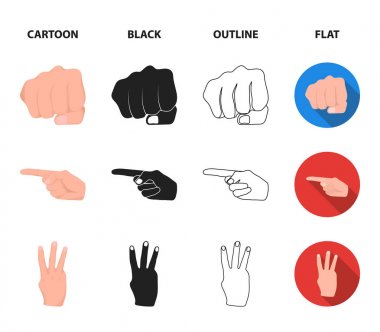 Kapalı yumruk, dizin ve diğer hareketleri. El hareketleri koleksiyonu Icons set çizgi film, siyah, anahat, düz stil vektör simge stok çizim web.