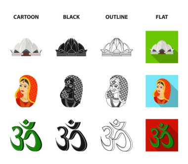 Ülke Hindistan çizgi film, siyah, anahat, set koleksiyonu tasarım için düz simgeler. Hindistan ve dönüm noktası sembol stok web illüstrasyon vektör.