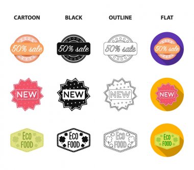 Yüzde Satılık, yeni, eko gıda, vegan. Etiket, çizgi film, siyah, anahat, düz stil vektör simge stok çizim web simgeler ayarlamak.