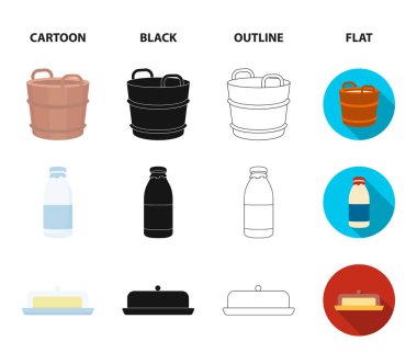 Süt, tereyağı, bir inek bir varil. Süt toplama Icons set çizgi film, siyah, anahat, düz stil vektör simge stok çizim web.