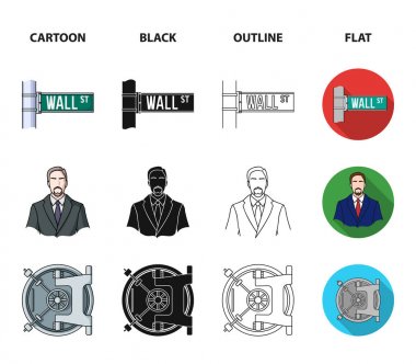 Wall Street, bir işadamı, bir banka Kasası, bir altın boğa şarj. Para ve Finans koleksiyonu Icons set çizgi film, siyah, anahat, düz stil vektör simge stok çizim web.