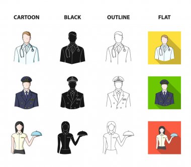 Doktor, pilot, Garson kız, builder, mason. Meslek koleksiyonu Icons set çizgi film, siyah, anahat, düz stil vektör simge stok çizim web.