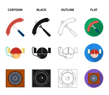 Kızarmış sosis, bira kask, kokteyller, hoparlör. Pub koleksiyonu Icons set çizgi film, siyah, anahat, düz stil vektör simge stok çizim web.