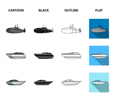 Askeri bir denizaltı, sürat teknesi, bir zevk tekne ve ruhu tekne. Gemi ve Su ulaştırma araçları koleksiyonu Icons set çizgi film, siyah, anahat, düz stil vektör simge stok çizim web.