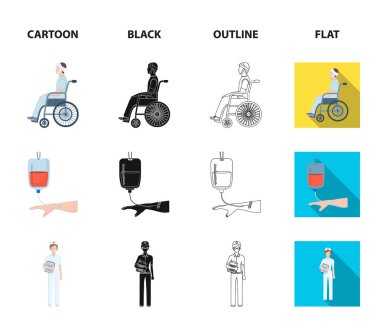 Travma, kan nakli, Doktor, bir doktorun elinde ilaç ile geçersiz. Çizgi film, siyah, anahat, düz stil vektör simge stok çizim web Medicineset koleksiyon simgeler.