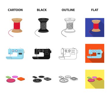 İplik makaraları, dikiş makinesi, bobin, pugwitz ve diğer ekipmanlar. Dikiş ve ekipman toplama Icons set çizgi film, siyah, anahat, düz stil vektör simge stok çizim web.