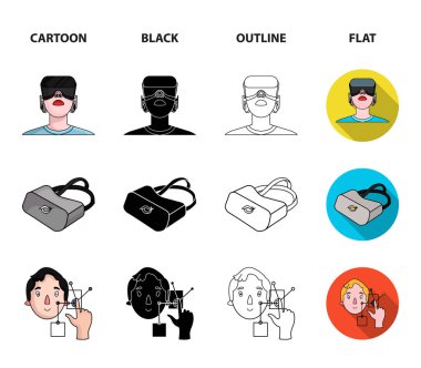 Yenilik, adam, baş, el. Sanal gerçeklik koleksiyonu Icons set çizgi film, siyah, anahat, düz stil vektör simge stok çizim web.