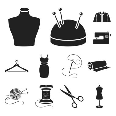 Atelier ve set koleksiyonu tasarım için dikiş siyah simgeler. Dikiş vektör için cihazlar ve hisse senedi web illüstrasyon simge.