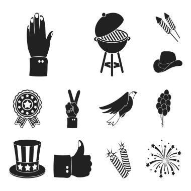 Vatansever gün, set koleksiyonu tasarım için tatil siyah simgeler. Amerikan geleneği vektör simge stok web çizimi.