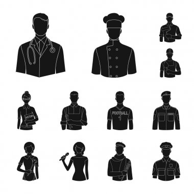 Set koleksiyonu tasarım için simgeler siyah insanlar farklı meslekler. İşçi ve uzman sembol stok web illüstrasyon vektör.