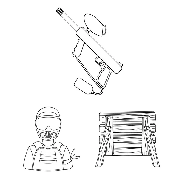 Paintball, iconos del esquema del juego de equipo en la colección de conjuntos para el diseño. Equipo y equipo vector símbolo stock web ilustración . — Vector de stock