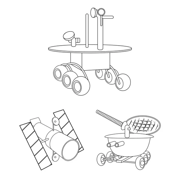 Ícones de contorno de tecnologia espacial na coleção de conjuntos para design.Spacecraft e equipamentos símbolo vetorial ilustração web estoque . —  Vetores de Stock