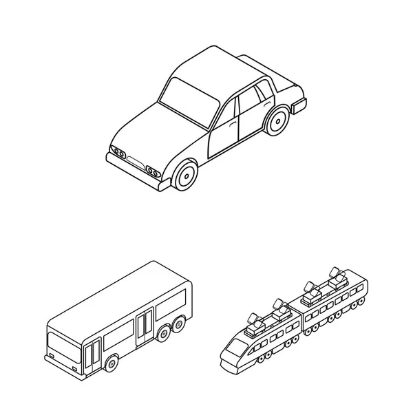 Diferentes tipos de ícones de contorno de transporte na coleção de conjuntos para design. Carro e navio isométrico símbolo vetor web ilustração . —  Vetores de Stock