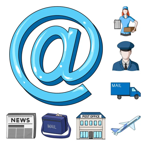 Mail og postbud tegneserie ikoner i sæt samling til design. Post og udstyr vektor symbol lager web illustration . – Stock-vektor