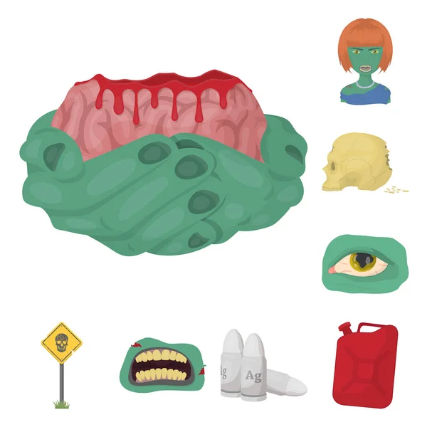 Zombies and Attributes iconos de dibujos animados en la colección de conjuntos para el diseño. Hombre muerto vector símbolo stock web ilustración . — Archivo Imágenes Vectoriales