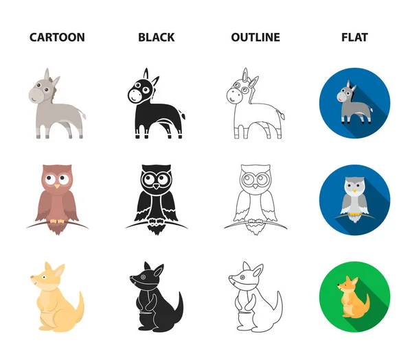 Burro, coruja, canguru, tubarão.Ícones de coleção de conjuntos de animais em desenhos animados, preto, contorno, estilo plano símbolo vetorial estoque ilustração web . — Vetor de Stock