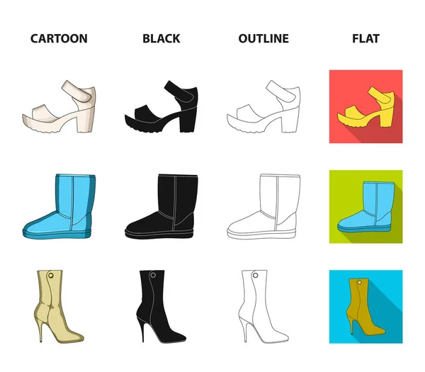 Ikonok a különböző cipő halmaza. Különböző cipő egyetlen ikonját rajzfilm, fekete, vázlat, lapos stílusú vektor web szimbólum stock illusztráció. — Stock Vector