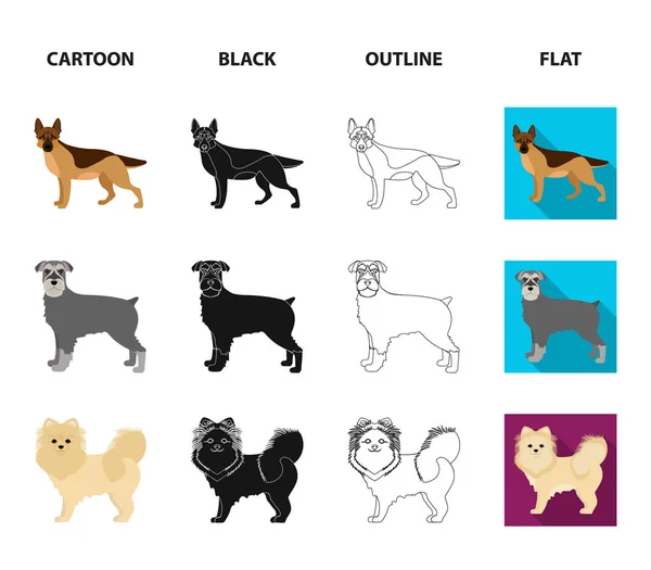 Perro razas de dibujos animados, negro, contorno, iconos planos en la colección de conjuntos para design.Dog mascota vector símbolo stock web ilustración . — Archivo Imágenes Vectoriales