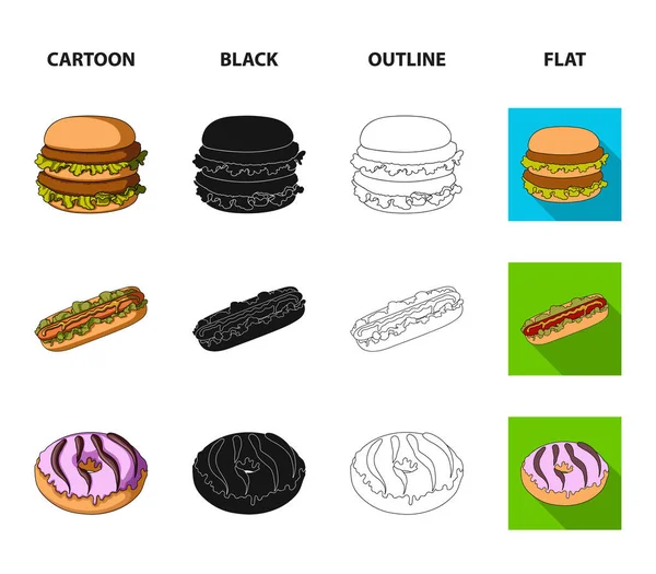 Fast, Food, Mahlzeit und andere Web-Ikone in Cartoon, schwarz, Umriss, flache style.hamburger, Brötchen, Mehl, Symbole in Set-Sammlung. — Stockvektor