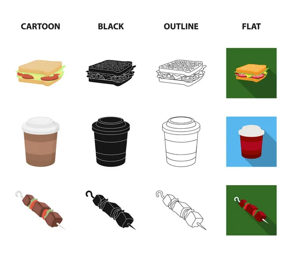 Sandwich, café, shish kebab, hamburguesa.Comida rápida conjunto de iconos de la colección en dibujos animados, negro, contorno, vector de estilo plano símbolo stock illustration web . — Archivo Imágenes Vectoriales