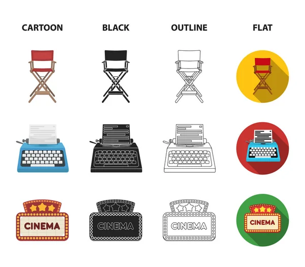 导演, 打字机, 电影招牌, 电影人的椅子。电影和电影院集合图标在卡通, 黑色, 轮廓, 平面风格矢量符号股票插画网站. — 图库矢量图片