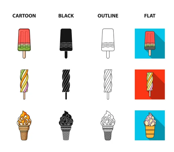Gelato su un bastone, in un cono di cialda e altre specie. Icone della collezione di gelati in cartone animato, nero, contorno, piatto stile vettoriale simbolo stock illustrazione web . — Vettoriale Stock
