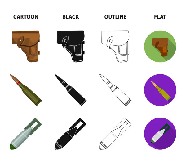 Кобура, патрон, воздушная бомба, пистолет. Военные и армия набор иконки коллекции в мультфильм, черный, очертания, плоский стиль векторных символов иконки . — стоковый вектор